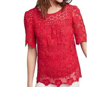 Anthropologie Crochet Cotton Top Womens Red Short Sleeve Lace Round Neck Blouse